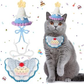 Sanwuta 2 Pcs Cat Birthday Party Supplies, Knit Cat Hat Kitten Birthday Bib Knit Bandana Pet Party Costume Headwear Accessories for Puppy Cat Kitten Small Dogs Animals (Blue)