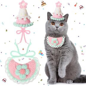 Sanwuta 2 Pcs Cat Birthday Party Supplies, Knit Cat Hat Kitten Birthday Bib Knit Bandana Pet Party Costume Headwear Accessories for Puppy Cat Kitten Small Dogs Animals (Blue)
