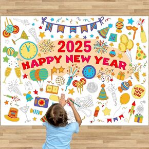 3Pcs Happy New Year Giant Coloring Posters Versatile Paper Coloring Banner 2025 New Year Eve Activities Crafts Decorations Jumbo Tablecloth Table Cover for Kids Home Classroom Party Supplies 43.3 x 31.5In