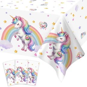 3Pcs Unicorn Birthday Decorations Tablecloths,Unicorn Party Decorations Pastel Rainbow Large Size Rectangle Table Cloths 58 x 108 Inch