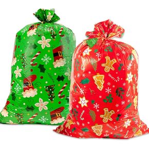 2pcs Large Christmas Gift Bags, Jumbo Holiday Drawstring Gift Bags 36" x 49" Giant Plastic Reusable Present Wrap Bags with Gift Tag Cards for Big Xmas Presents Party Decorations Holiday Gift Giving