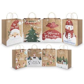 CHARMGIFTBOX 12pcs Large 250 gsm Thick Christmas Paper Bags with Handles, 13 x 10.2 x 5.5inches Party Favor Gift Bags for Christmas, Bulk Holiday Treats Paper Bags, Durable&Reusable