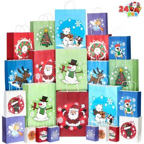 JOYIN 24 PCS present Bags 12 Design Christmas Bags Large 15" Medium 12" Small 9" XS 7" with Santa, Snowman, Reindeer, Christmas Tree, Snowflake Etc for Xmas Party Favors, present Bags