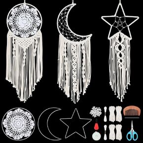 INFUNLY 3 Sets Macrame Dreamcatcher Kit for Adult Beginners Large Dream Catcher Making Kit with Instructions and Video 3 in 1 Moon Star Round Macrame Wall Hanging Supplies Boho Dreamcatcher Craft Set