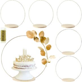 6 Pack Floral Hoop Centerpieces with Stand 18 Inches Metal Rings for Crafts DIY Centerpieces Table Decoration with Wooden Cake Stand Wedding Birthday Party Cake Holder, Gold