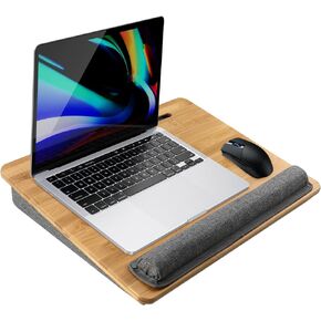 CNQLIS Lap Desk for Laptop with Cushion, Laptop Lap Desk with Phone Holder, Wrist Pad, Portable Bamboo Laptop Stand Fits up to 15.6 inch Laptops, Use Scene Bed, Indoor Sofa and Car