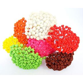 100 Assorted Cray Stamen Pollen Flower Craft Artificial Scrapbook Floral Round Wire Stem Card, Green Brown Orange Pink Yellow Color, Long Size with Wire 10 cm.