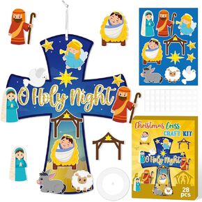 WATINC Christmas Nativity Scene Cross Craft Kit - 28Pcs Make Your Own O Holy Night Christian Cross Hanging Ornament, DIY Jesus Birth Faith Religious Party Decor for Kids Classroom Sunday School Church