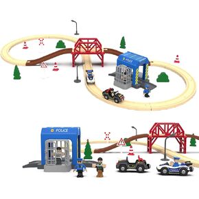 Wooden Train Set for Toddlers, 52Pcs Train Toy with Railway Track for Kids, Wooden Train Tracks Include Expansion Pack Compatible with Thomas, Brio, Chuggington