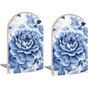 Blue and White Floral Book Ends Decorative Wood Bookends for Shelves Kids Room Desk Home Office Book Stoppers for Magazines,Books, DVDs, 1 Pair/2 Pieces(5x3.1 in)