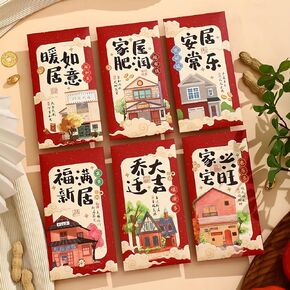 Chinese Red Envelopes for Housewarming, 6 Pieces Lucky Money Envelopes of House Patterns and Chinese Traditional Blessing Words