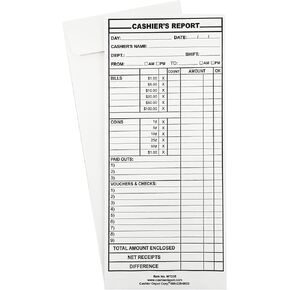 500 Cashier Depot MT235 Cashier's Report Envelope, 4 1/2" x 10 3/8", Sturdy 24lb. White, Cash Envelopes For Hotels, Restaurants, Gas Stations & Retailers (500 Envelopes)