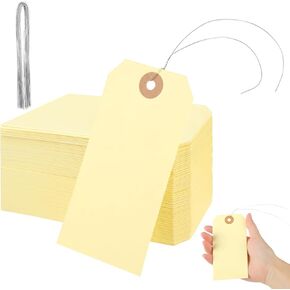 100Pcs Blank Tags with Wire 4 3/4 x 2 3/8 inches Manila Hang Tags with String Write on Clothing Paper Labels Attached Reinforced Hole