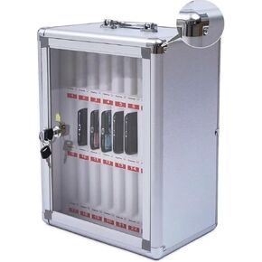 24-Slot Aluminum Alloy Cell Phone Storage Cabinet – Wall-Mounted Pocket Chart with Lock, Portable Handheld Design(Silver)
