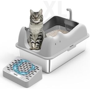 Enclosed Cat Litter Box Stainless Steel with Lid, XL Extra Large Litter Box for Big Cats, Metal High Sided Litter Box with Scoop, Non-Sticky Anti-Leakage Easy Cleaning Gray