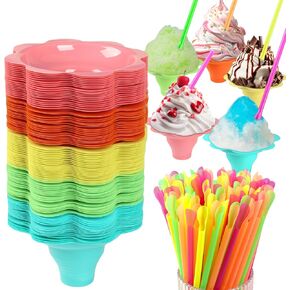200Pcs 4oz Colorful Flower Snow Cone Cups with Cone Spoon Straws, Reusable Plastic Bowls Easy Grip for Kids Holiday Summer Beach Party Birthday, Ice Cream Bowls, Shaved Ice Drip Cups