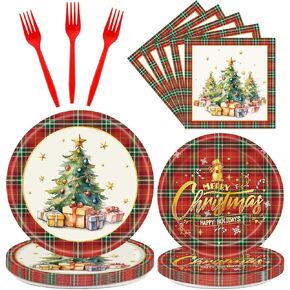 Dixutzi 96Pcs Christmas Plates and Napkins Party Supplies, ChristmasThemed Tableware Set, Cute Disposable Dinnerware for Girls Boys Birthday Dessert Tea Party Decoration, 24 Guests