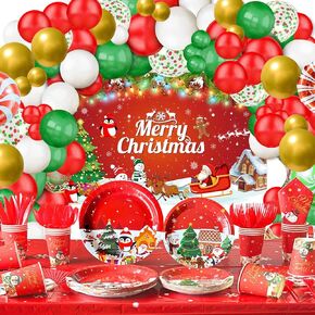 Christmas Party Decorations Dinnerware Set,225 PCS Xmas Party Decoration with Merry Christmas Plates and Napkins Cups Banner Tablecloth Balloons Backdrop for Holiday Christmas Party Supplies Serve 20