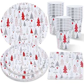 ZVK Christmas Party Supplies 96 Pieces Christmas Tree Paper Plates Napkins Paper Cups Disposable Tableware Set New Year Party Decorations, White