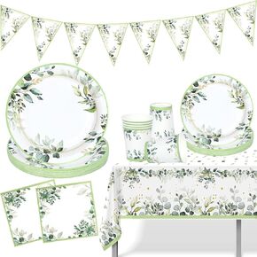 Sage Green Paper Plates Cups And Napkins With Tablecloth & Banner,Baby Shower Plates,Party Tableware For Birthday Decoration Baby Shower Safari Party Supplies