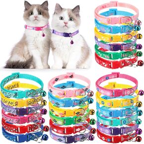 24 Pcs Puppy Collars for Litter Cat Collar with Bells Soft Nylon Whelping Puppy Collars Adjustable Reflective Cat Collar for Newborn Pets Dogs, Assorted Colors (Cute Pattern)
