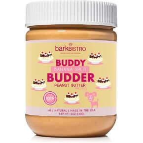 BUDDY BUDDER Banana Split, 100% Natural Dog Peanut Butter, Perfect Treat for Pill Pocket, Training, Stuffing Toys & More! Made in USA (12oz jar)