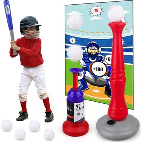 Tee Ball Set - Tball Set for Toddlers 3-5, T Ball Set with Upgrade Pitch Launcher & Target Mats, Outdoor Sport Toy Games