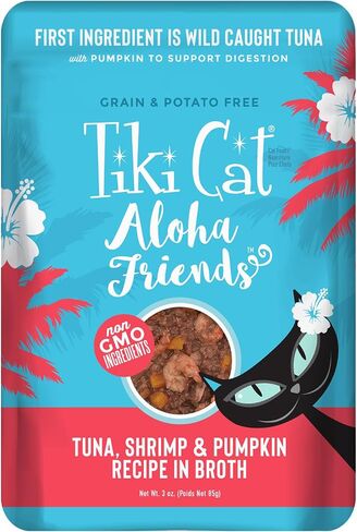 مجموعة متنوعة من Tiki Cat Aloha Friends، نكهات المأكولات البحرية مع اليقطين، طعام القطط الرطب عالي البروتين والرطوبة العالية، لجميع مراحل الحياة، 3 أونصة. الحقيبة (العلبة رقم 12) in Kuwait