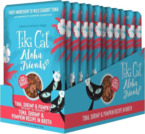 مجموعة متنوعة من Tiki Cat Aloha Friends، نكهات المأكولات البحرية مع اليقطين، طعام القطط الرطب عالي البروتين والرطوبة العالية، لجميع مراحل الحياة، 3 أونصة. الحقيبة (العلبة رقم 12) in Kuwait