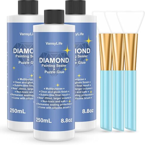 VansyLife Updated Diamond Painting Sealer 3 Pack 750ML with Silicone Brush, 5D Diamond Painting Glue Accessories Permanent Hold & Shine Effect for Diamond Painting and Jigsaw Puzzles (26.4 OZ) in Kuwait