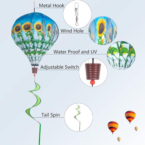 2Pack Multicolor Hot Air Balloon Rainbow Wind Spinner Garden Decor, 59" H x 12" W, Nylon, UV & Weather Resistant, Fully Collapsible in Kuwait