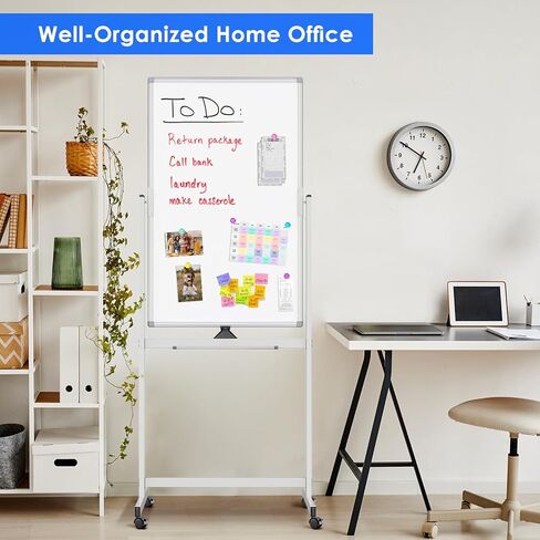 لوحة بيضاء مغناطيسية متنقلة من maxtek، لوحة مسح جافة مزدوجة الجوانب مقاس 40 × 24، لوحة بيضاء متدحرجة، إطار من الألومنيوم، لوحة بيضاء على عجلات للفصول الدراسية المنزلية والمكتبية (40 × 24 أسود) in Kuwait