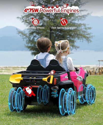 ELEMARA 2 Seater Ride on Toy for Big Kids w/Sun Shade, Dump Bed & Shovel,4WD Powered Electric Ride on Car,12V 10AH Battery Cars w/Remote Control, Ride on Truck,3 Speeds,LED Lights,Bluetooth Music,Pink in Saudi Arabia