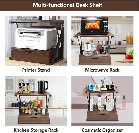 Printer Stand for Desk,2 Tier Desktop Printer Stand,Home Printer Stand with Storage Drawer,Small Printer Table,Desk Organizer Shelf for Top of Desk,Printer Rack for Fax Machine,Scanner-Walnut in Saudi Arabia