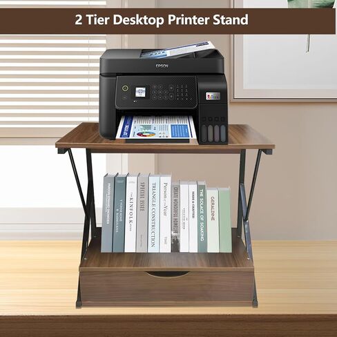 Printer Stand for Desk,2 Tier Desktop Printer Stand,Home Printer Stand with Storage Drawer,Small Printer Table,Desk Organizer Shelf for Top of Desk,Printer Rack for Fax Machine,Scanner-Walnut in Saudi Arabia