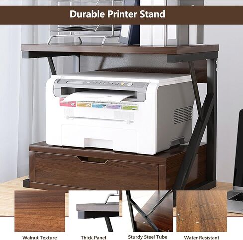 Printer Stand for Desk,2 Tier Desktop Printer Stand,Home Printer Stand with Storage Drawer,Small Printer Table,Desk Organizer Shelf for Top of Desk,Printer Rack for Fax Machine,Scanner-Walnut in Saudi Arabia
