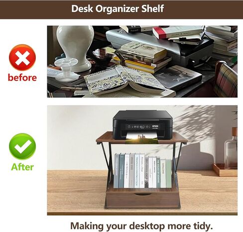 Printer Stand for Desk,2 Tier Desktop Printer Stand,Home Printer Stand with Storage Drawer,Small Printer Table,Desk Organizer Shelf for Top of Desk,Printer Rack for Fax Machine,Scanner-Walnut in Saudi Arabia