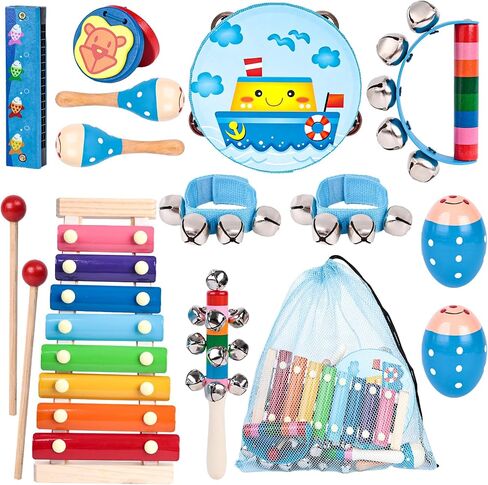 POPLAY 12PCS Toddler Musical Instruments, Wooden Percussion Instruments Toys for Toddlers Musical Toys Set with Mesh Bag Tambourine Xylophone for Baby Kids Preschool Education in Saudi Arabia
