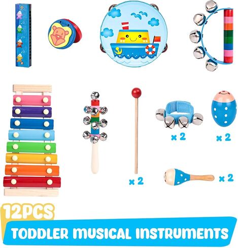 POPLAY 12PCS Toddler Musical Instruments, Wooden Percussion Instruments Toys for Toddlers Musical Toys Set with Mesh Bag Tambourine Xylophone for Baby Kids Preschool Education in Saudi Arabia
