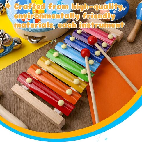 POPLAY 12PCS Toddler Musical Instruments, Wooden Percussion Instruments Toys for Toddlers Musical Toys Set with Mesh Bag Tambourine Xylophone for Baby Kids Preschool Education in Saudi Arabia