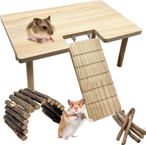 Hamster Platform with Legs, Small Syrian Hamsters Climbing Platforms with Ramp Kit with Hamster Hest, Wood Ladder Bridge Rat Playing Toy Standing Table Gerbil Cage Accessories in Saudi Arabia
