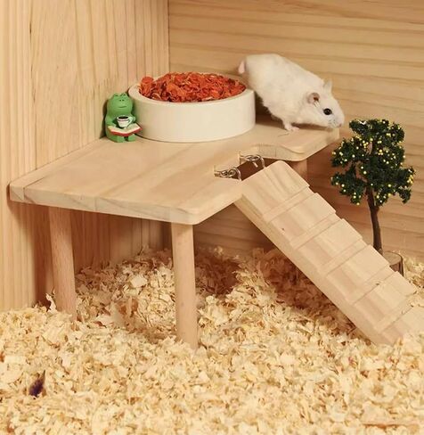 Hamster Platform with Legs, Small Syrian Hamsters Climbing Platforms with Ramp Kit with Hamster Hest, Wood Ladder Bridge Rat Playing Toy Standing Table Gerbil Cage Accessories in Saudi Arabia