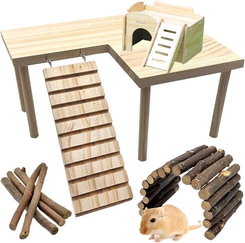 Hamster Platform with Legs, Small Syrian Hamsters Climbing Platforms with Ramp Kit with Hamster Hest, Wood Ladder Bridge Rat Playing Toy Standing Table Gerbil Cage Accessories in Saudi Arabia