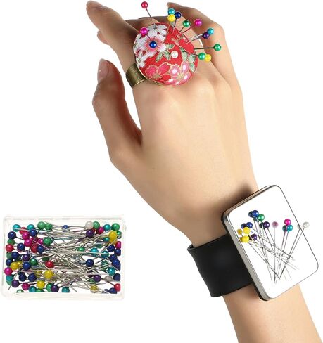 HEYNERIC™ Magnetic Pin Cushion Wrist + Prevent Pricks Ring Pin Cushion + 100 pcs Sewing Pins | Innovative Wrist Pin Cushions for Sewing, Ideal for Seamstress or Sewing Enthusiasts. (Black) in Saudi Arabia