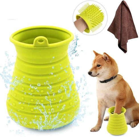 Idepet Dog Paw Cleaner Cup with Towel Pet Foot Washer Protable Dog Cleaning Brush for Puppy Cats Massage Grooming Dirty Claws(Blue) in Kuwait
