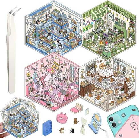 DIY 3D House Stickers, 4 Set Fun DIY Stickers Scene Make Your Own Warm Home, Supermarket, Coffee Shop, Music Bar, Cute 3D Cartoon Scene Stickers for Adult Kids Relief Stress Pass The Time (XMPLUS) in Saudi Arabia