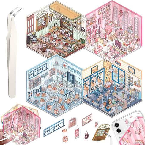 DIY 3D House Stickers, 4 Set Fun DIY Stickers Scene Make Your Own Warm Home, Supermarket, Coffee Shop, Music Bar, Cute 3D Cartoon Scene Stickers for Adult Kids Relief Stress Pass The Time (XMPLUS) in Saudi Arabia