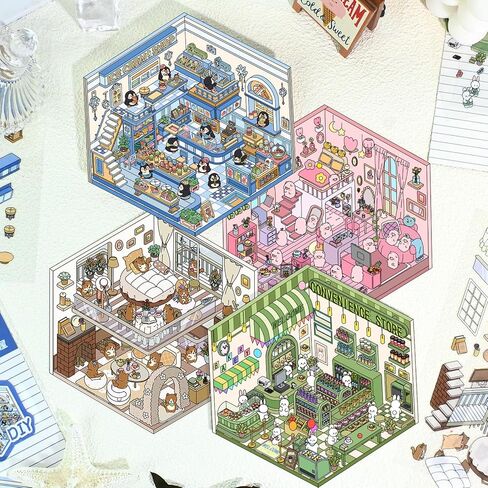 DIY 3D House Stickers, 4 Set Fun DIY Stickers Scene Make Your Own Warm Home, Supermarket, Coffee Shop, Music Bar, Cute 3D Cartoon Scene Stickers for Adult Kids Relief Stress Pass The Time (XMPLUS) in Saudi Arabia