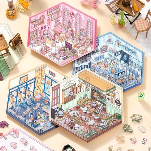 DIY 3D House Stickers, 4 Set Fun DIY Stickers Scene Make Your Own Warm Home, Supermarket, Coffee Shop, Music Bar, Cute 3D Cartoon Scene Stickers for Adult Kids Relief Stress Pass The Time (XMPLUS) in Saudi Arabia
