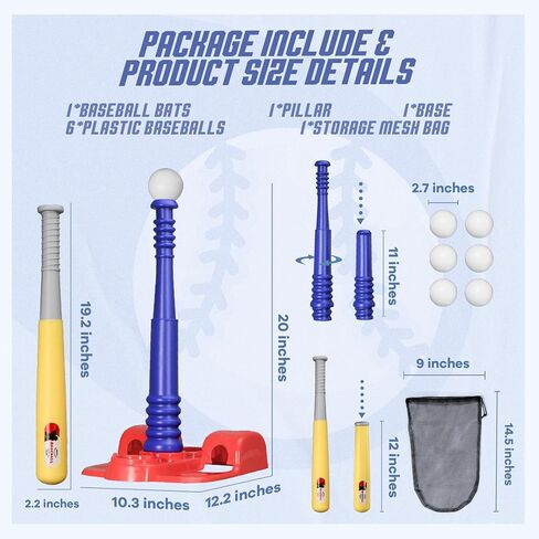 مجموعة BELLOCHIDDO Tball للأطفال الصغار من عمر 3 إلى 5 سنوات - تتضمن مجموعات T-Ball للأطفال الصغار مضرب ضرب قابل للسحب وقواعد بيسبول و6 كرات، وألعاب رياضية داخلية وخارجية | هدايا للأعمار من 3 4 5 6 سنوات للأولاد والبنات in Kuwait